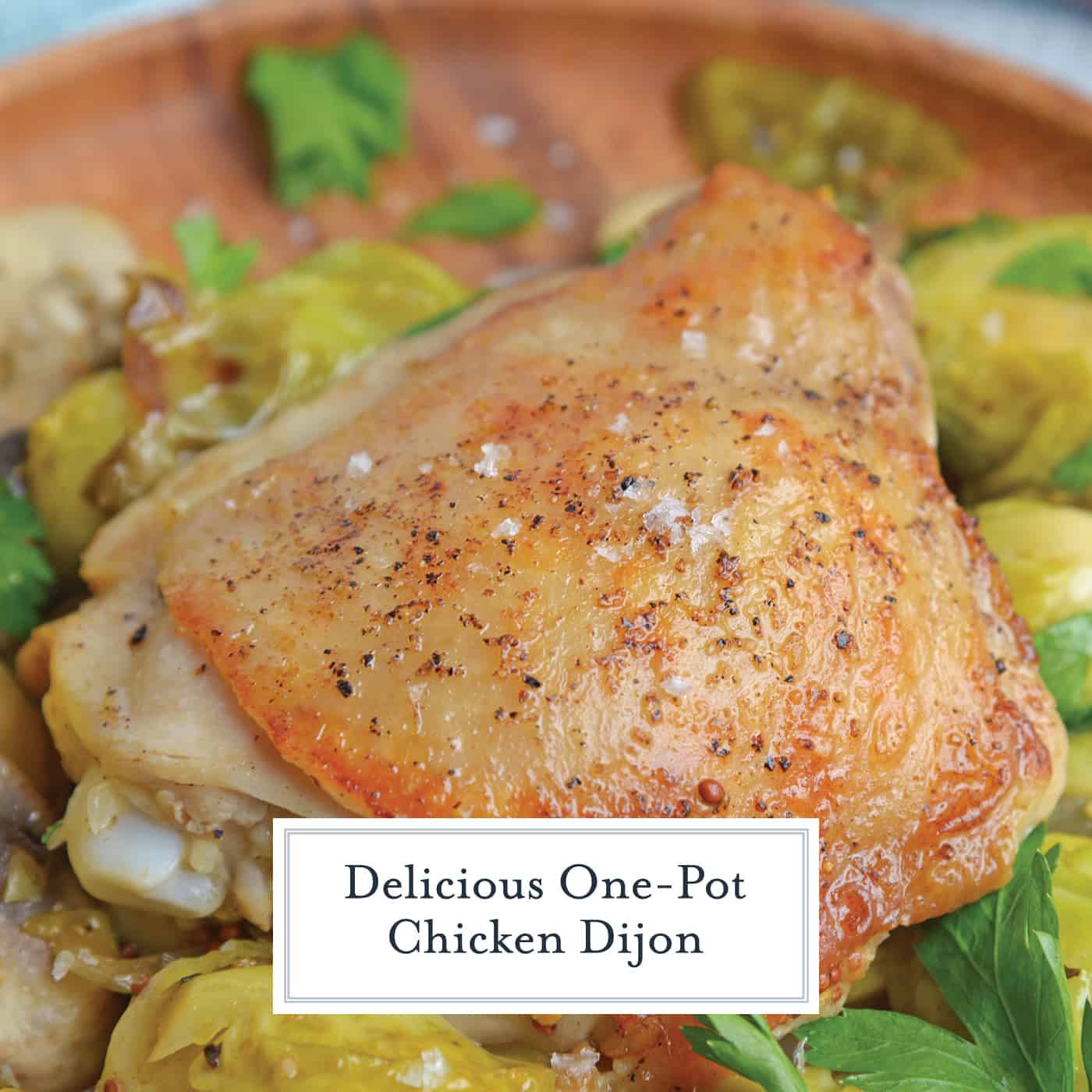 Chicken Dijon is an easy dinner recipe using chicken thighs, mushrooms, brussels sprouts, sweet onions, apple juice and of course, Dijon mustard! #chickendijon #mustardchicken #easychickenrecipe www.savoryexperiments.com 