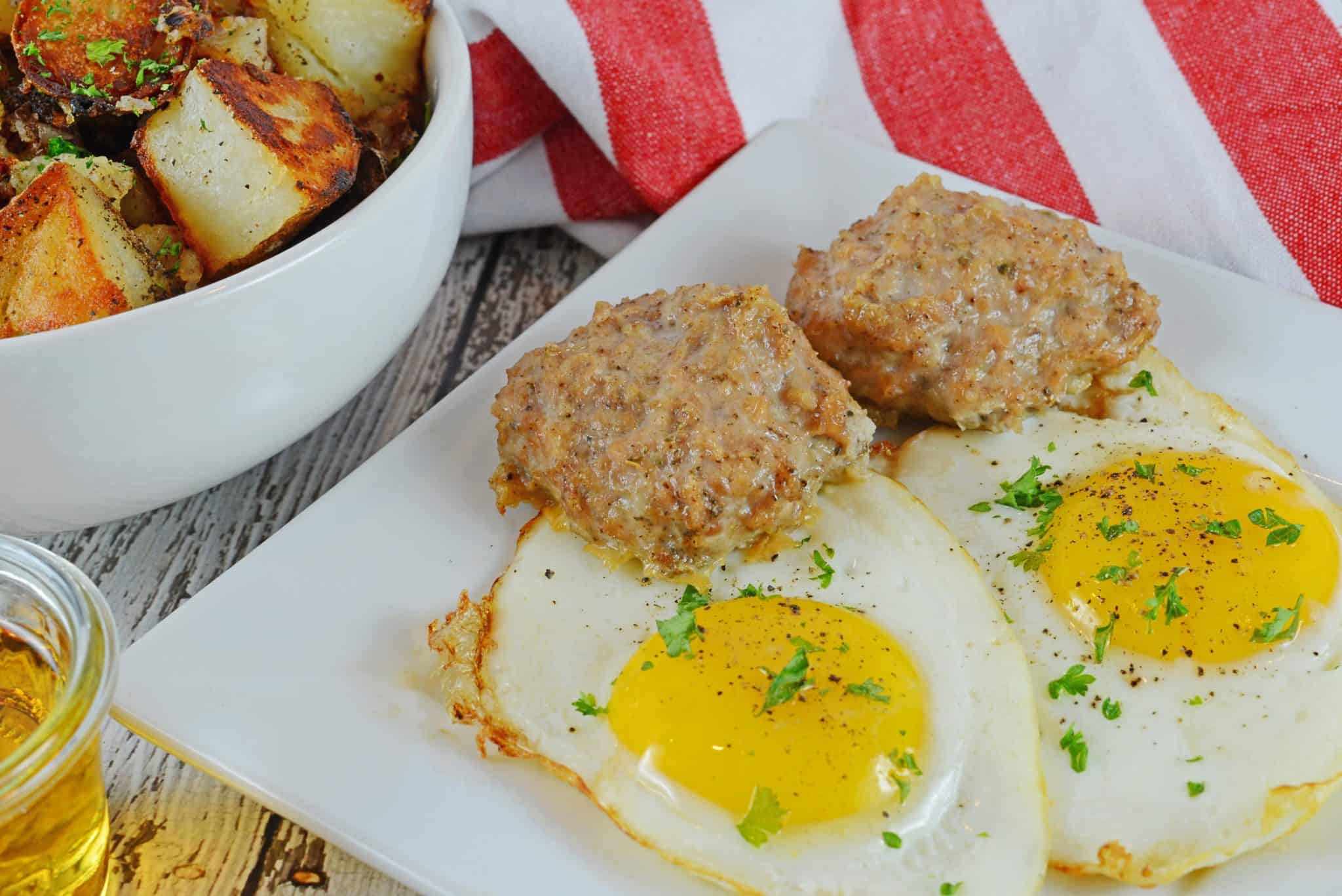 Maple Sage Chicken Sausage is an easy breakfast sausage recipe using a savory sausage spice mix. They can be made ahead of time and frozen! #homemadesausage #breakfastsausage www.savoryexperiments.com