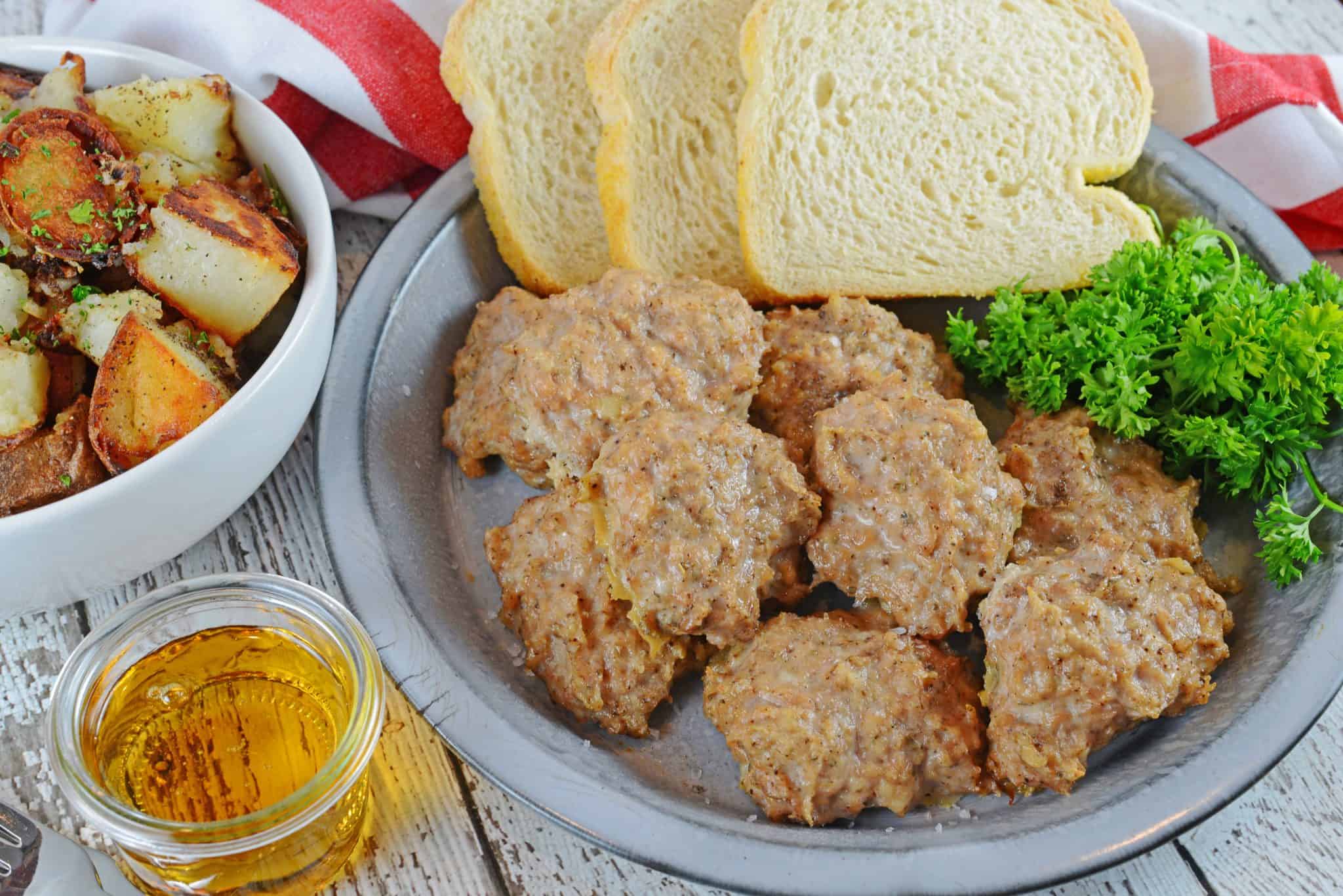 Maple Sage Chicken Sausage is an easy breakfast sausage recipe using a savory sausage spice mix. They can be made ahead of time and frozen! #homemadesausage #breakfastsausage www.savoryexperiments.com