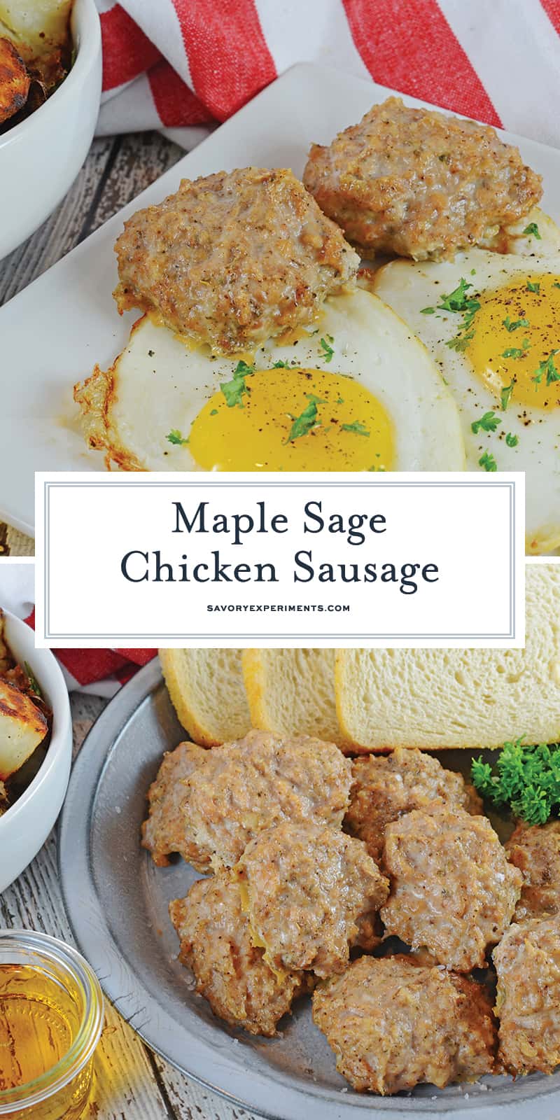 Maple Sage Chicken Sausage is an easy breakfast sausage recipe using a savory sausage spice mix. They can be made ahead of time and frozen! #homemadesausage #breakfastsausage www.savoryexperiments.com