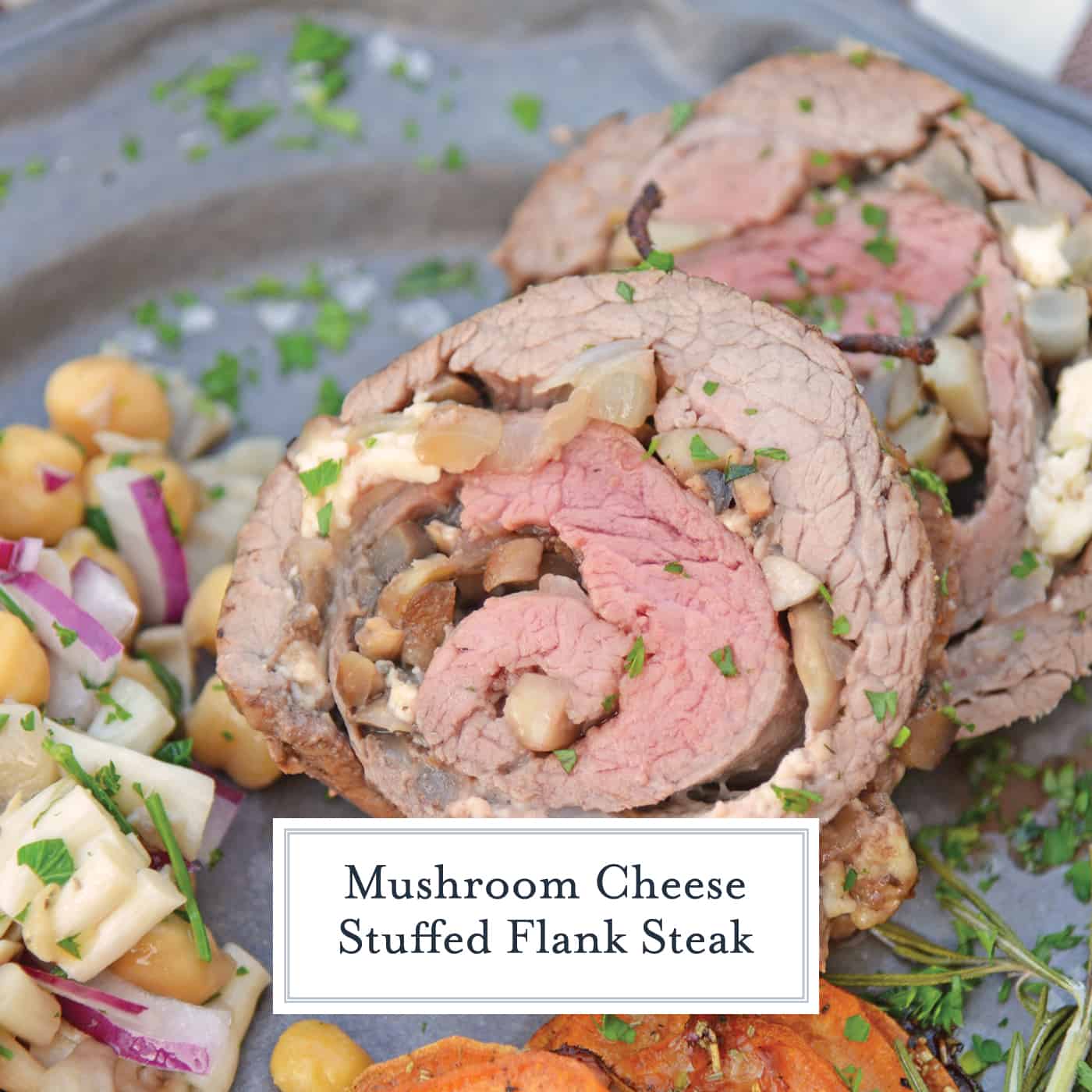 Mushroom Cheese Stuffed Flank Steak is a delicious and succulent main dish with cheese, mushrooms and garlic. The best flank steak pinwheel recipe! #stuffedflanksteak #flanksteakrecipe www.savoryexperiments.com