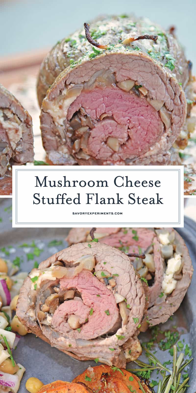 Mushroom Cheese Stuffed Flank Steak is a delicious and succulent main dish with cheese, mushrooms and garlic. The best flank steak pinwheel recipe! #stuffedflanksteak #flanksteakrecipe www.savoryexperiments.com