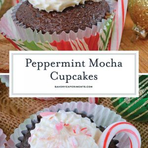 Peppermint Mocha Cupcakes use doctored up box mix, marshmallow creme frosting and candy canes for the ultimate kid-friendly cupcake recipe! #mochacupcakes #christmascupcakes www.savoryexperiments.com