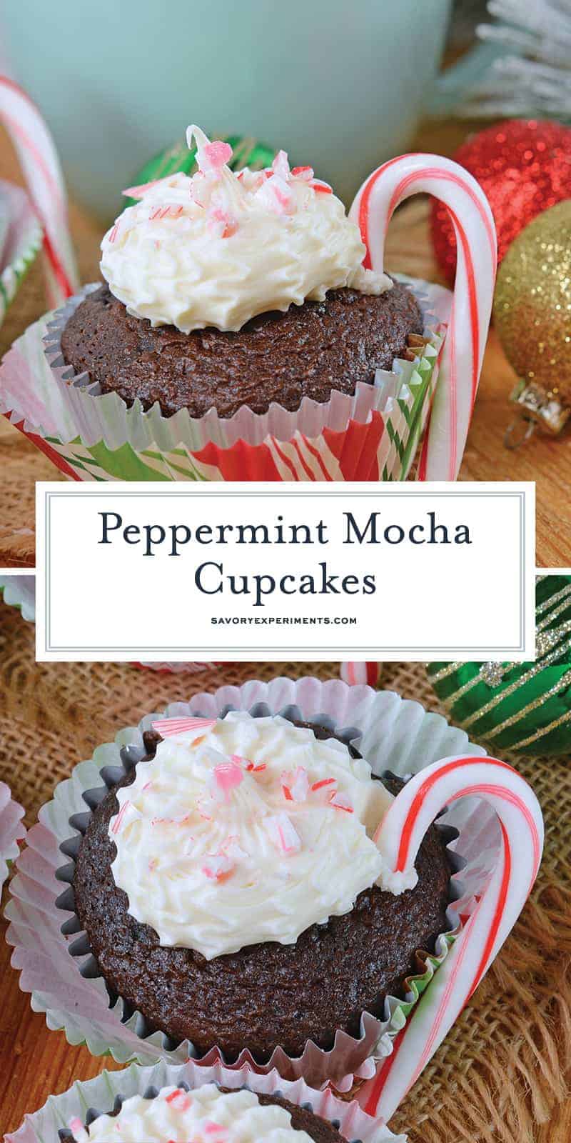 Peppermint Mocha Cupcakes use doctored up box mix, marshmallow creme frosting and candy canes for the ultimate kid-friendly cupcake recipe! #mochacupcakes #christmascupcakes www.savoryexperiments.com