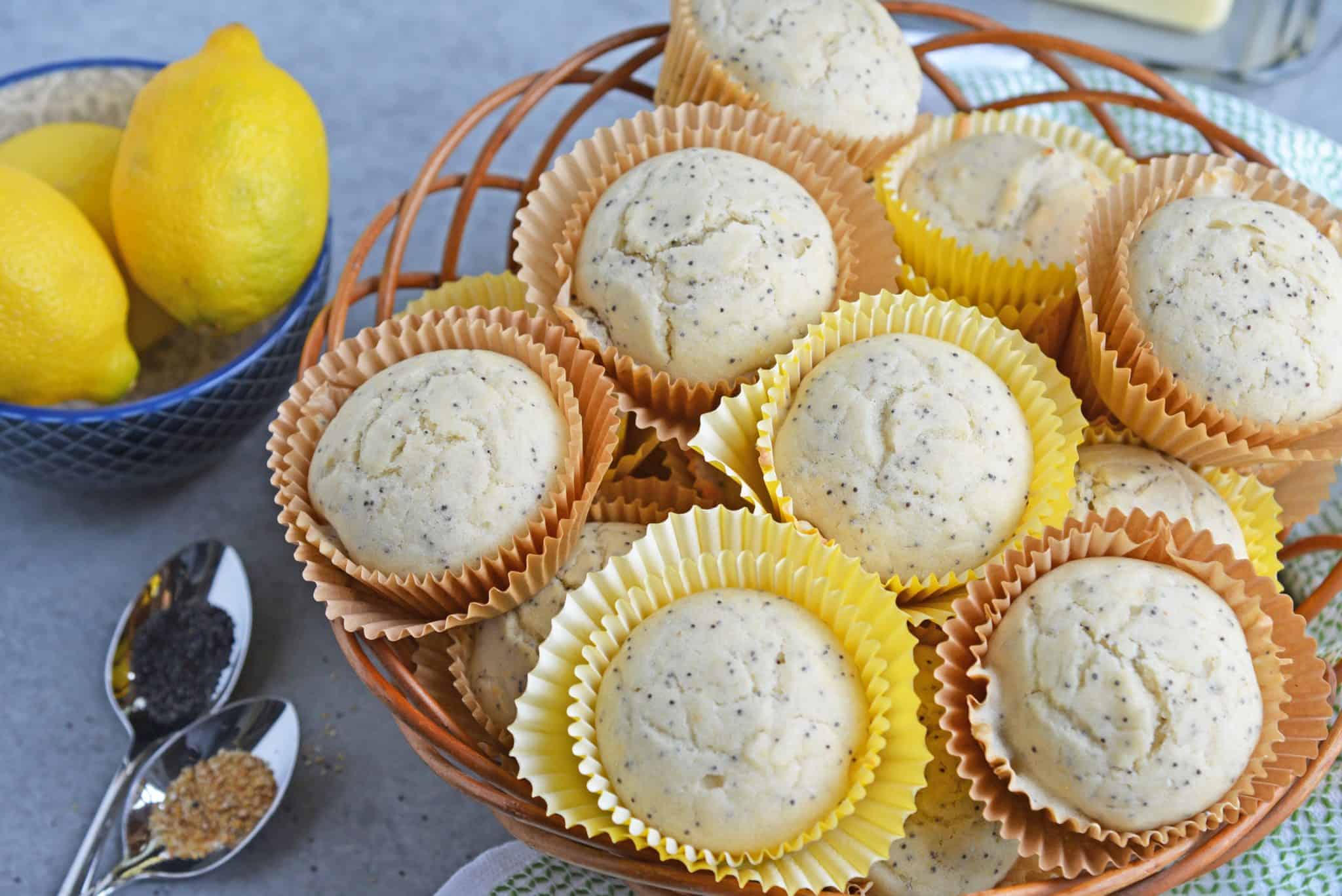 Lemon Poppy Seed Muffins are a quick and easy muffin recipe that can be made in 30 minutes. Carbonated lemon water is the secret ingredient to make them super fluffy! #lemonmuffins #lemonpoppyseedmuffinsrecipe www.savoryexperiments.com