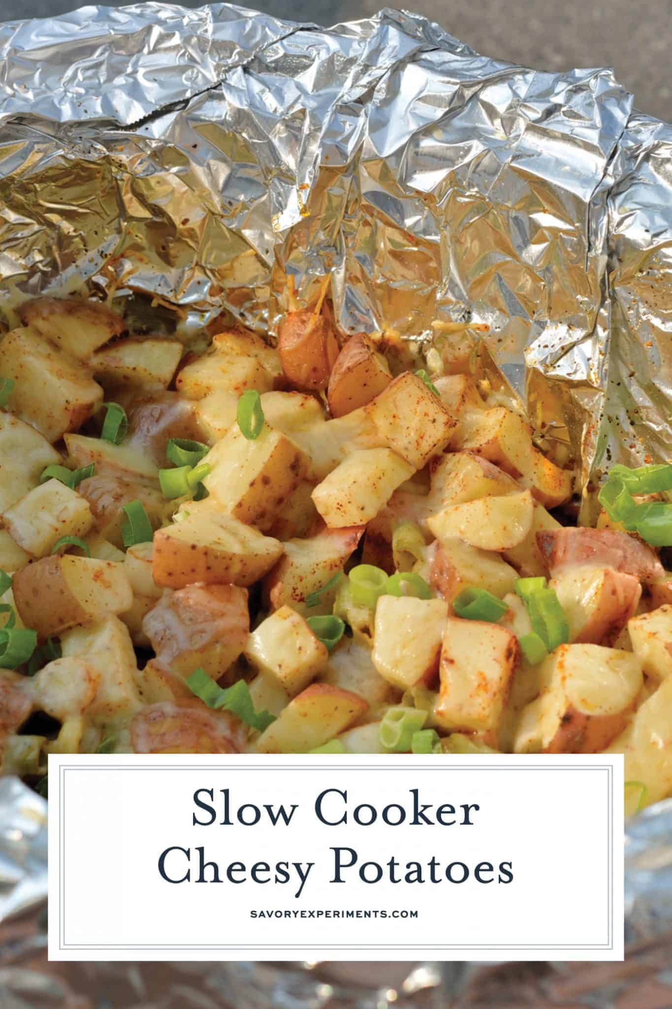Slow Cooker Cheesy Potatoes stay super moist while cooking and are topped with loads of ooey, gooey CHEESE, bacon and seasoning. #crockpotpotatoes #cheesypotatoes www.savoryexperiments.com