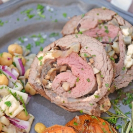 Mushroom Cheese Stuffed Flank Steak is a delicious and succulent main dish with cheese, mushrooms and garlic. The best flank steak pinwheel recipe! #stuffedflanksteak #flanksteakrecipe www.savoryexperiments.com