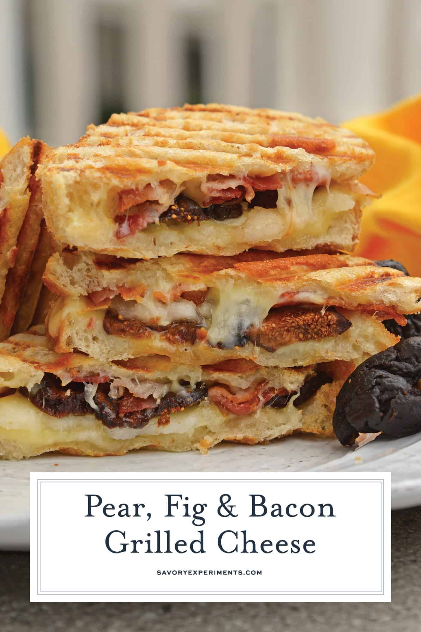 This Bacon, Pear and Fig Grilled Cheese combines sweet, savory and gooey. The ultimate grilled cheese! #gourmetgrilledcheese www.savoryexperiments.com