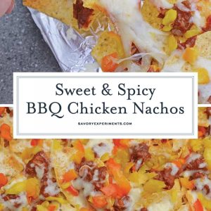 BBQ Chicken Nachos are sweet and spicy nachos that will be ready in 7 minutes with only 4 ingredients! Perfect as a snack, appetizer, or side dish! #nachosrecipes #howtomakenachos #BBQChickenNachos www.savoryexperiments.com