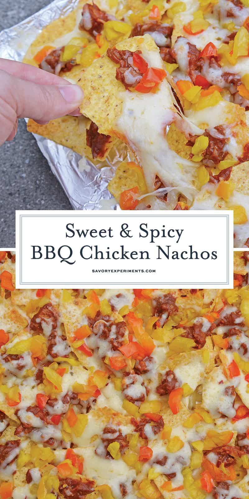 BBQ Chicken Nachos are sweet and spicy nachos that will be ready in 7 minutes with only 4 ingredients! Perfect as a snack, appetizer, or side dish! #nachosrecipes #howtomakenachos #BBQChickenNachos www.savoryexperiments.com