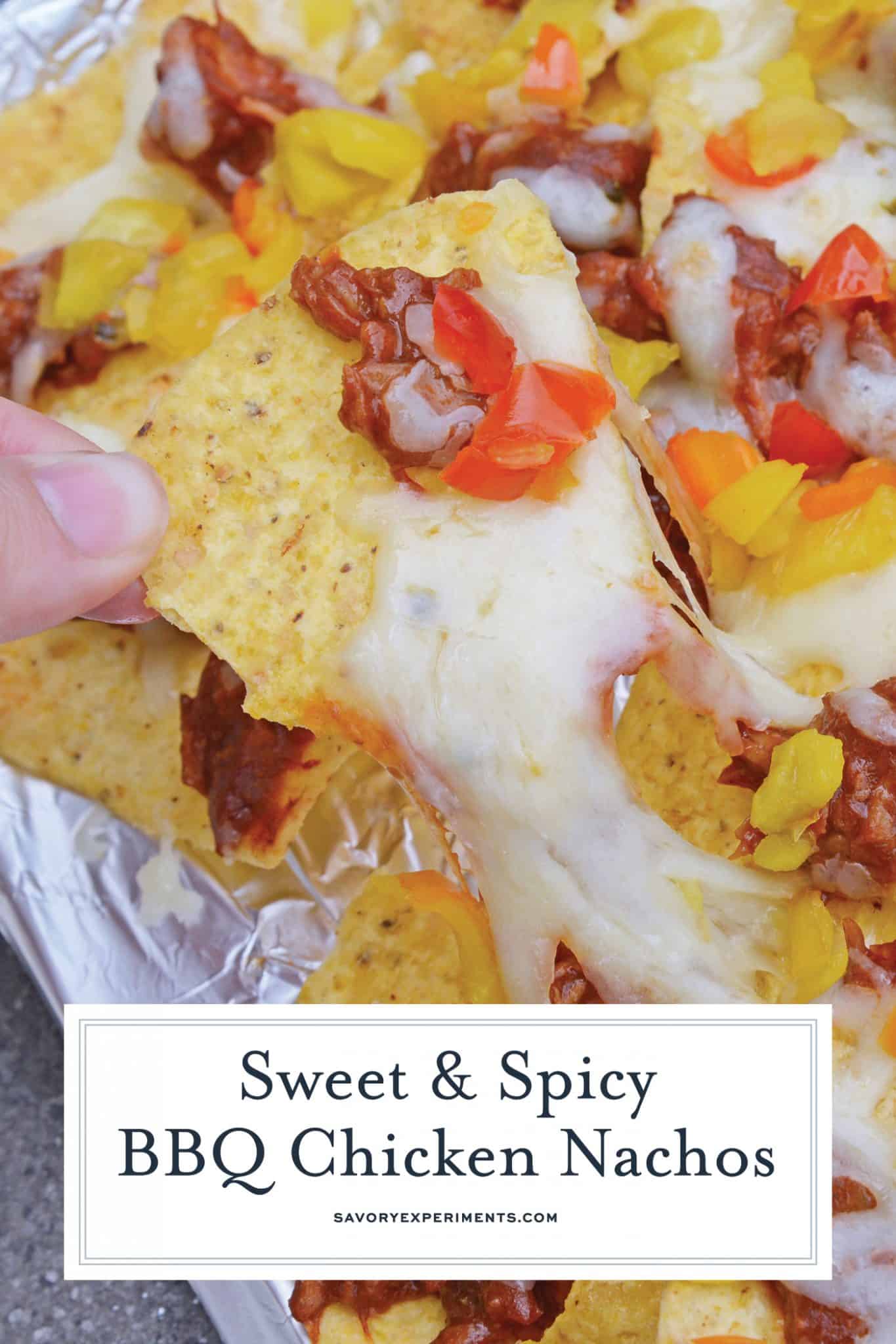 BBQ Chicken Nachos are sweet and spicy nachos that will be ready in 7 minutes with only 4 ingredients! Perfect as a snack, appetizer, or side dish! #nachosrecipes #howtomakenachos #BBQChickenNachos www.savoryexperiments.com