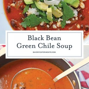 Black bean green chile soup is a tomato based soup with smoky chipotle peppers and robust flavors. Top with avocado, cilantro and queso fresco! #easysoups #souprecipes www.savoryexperiments.com