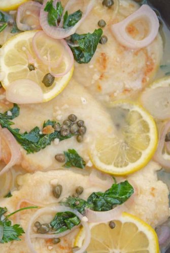 Classic Chicken Piccata is an easy Italian recipe that comes together in less than 3o minutes and explodes with flavors of lemon, caper and shallot. Delicious!  #chickenpiccata #easyitalianrecipes www.savoryexperiments.com