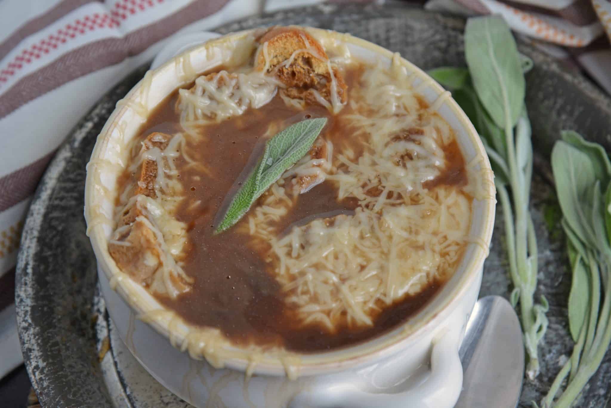 Overhead view of apple french onion with caramelized onions