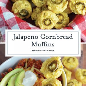 Jalapeno Cornbread Muffins are mini-muffins of sweet cornbread with spicy jalapenos. Perfect for serving with any Tex-Mex recipe and the perfect cornbread for chili! #cornbreadrecipes #jalapenocornbread www.savoryexperiments.com