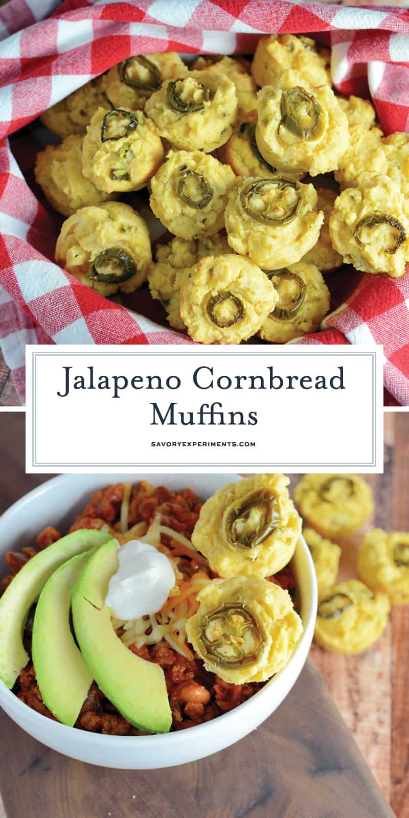 Jalapeno Cornbread Muffins are mini-muffins of sweet cornbread with spicy jalapenos. Perfect for serving with any Tex-Mex recipe and the perfect cornbread for chili! #cornbreadrecipes #jalapenocornbread www.savoryexperiments.com