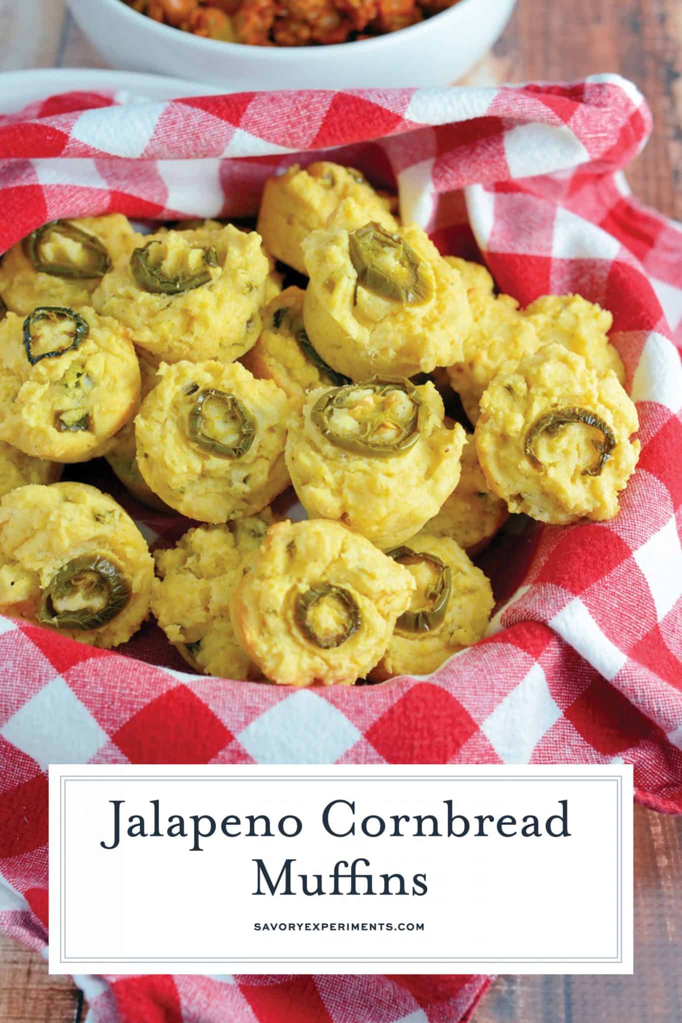 Jalapeno Cornbread Muffins are mini-muffins of sweet cornbread with spicy jalapenos. Perfect for serving with any Tex-Mex recipe and the perfect cornbread for chili! #cornbreadrecipes #jalapenocornbread www.savoryexperiments.com