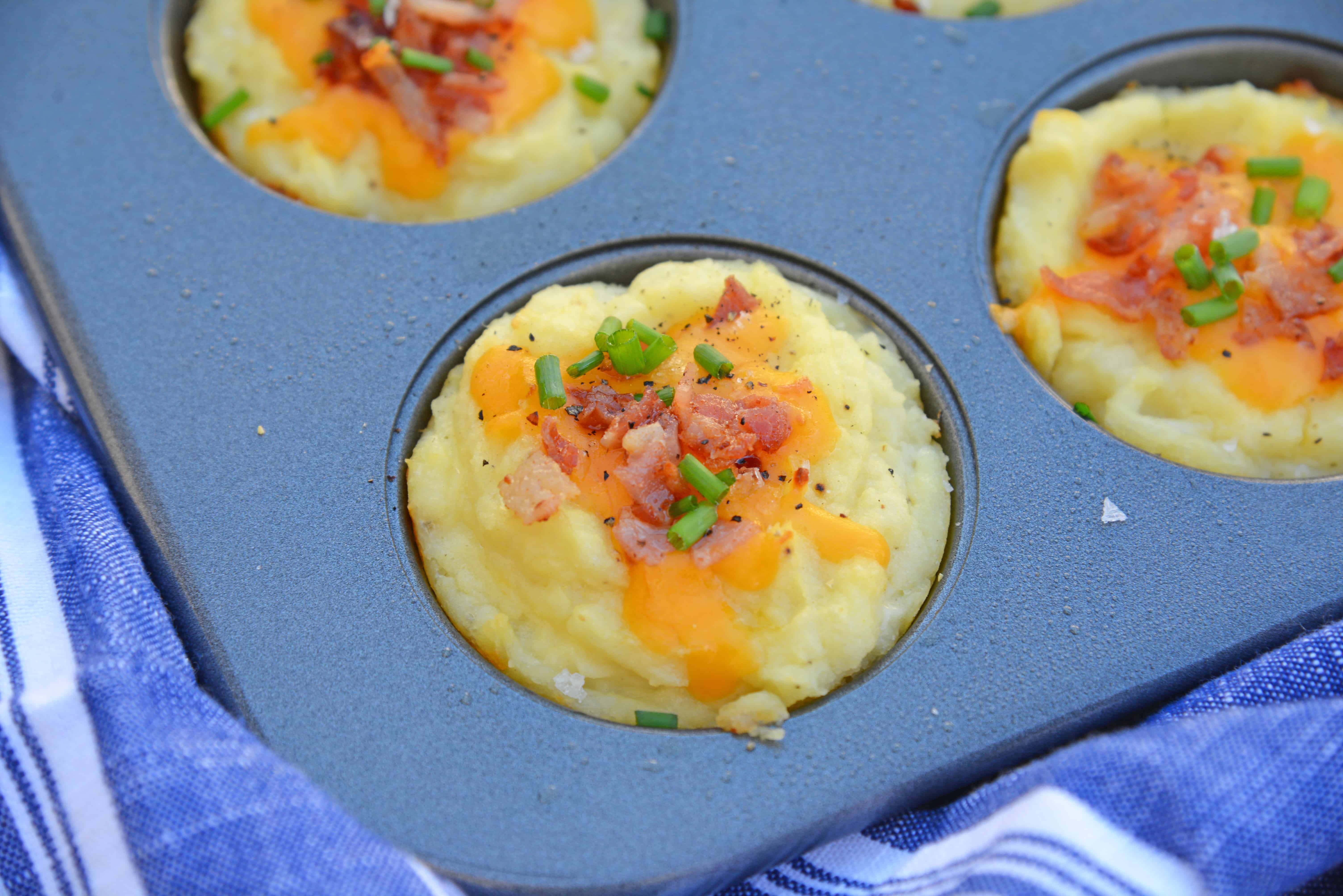 Loaded Mashed Potato Cups are the best way to use leftover mashed potatoes. Mixed with cheese, eggs and a few other ingredients, you load them into a muffin tin and poof, you've got finger food mashed potatoes! #mashedpotatoes #mashedpotatocups www.savoryexperiments.com 
