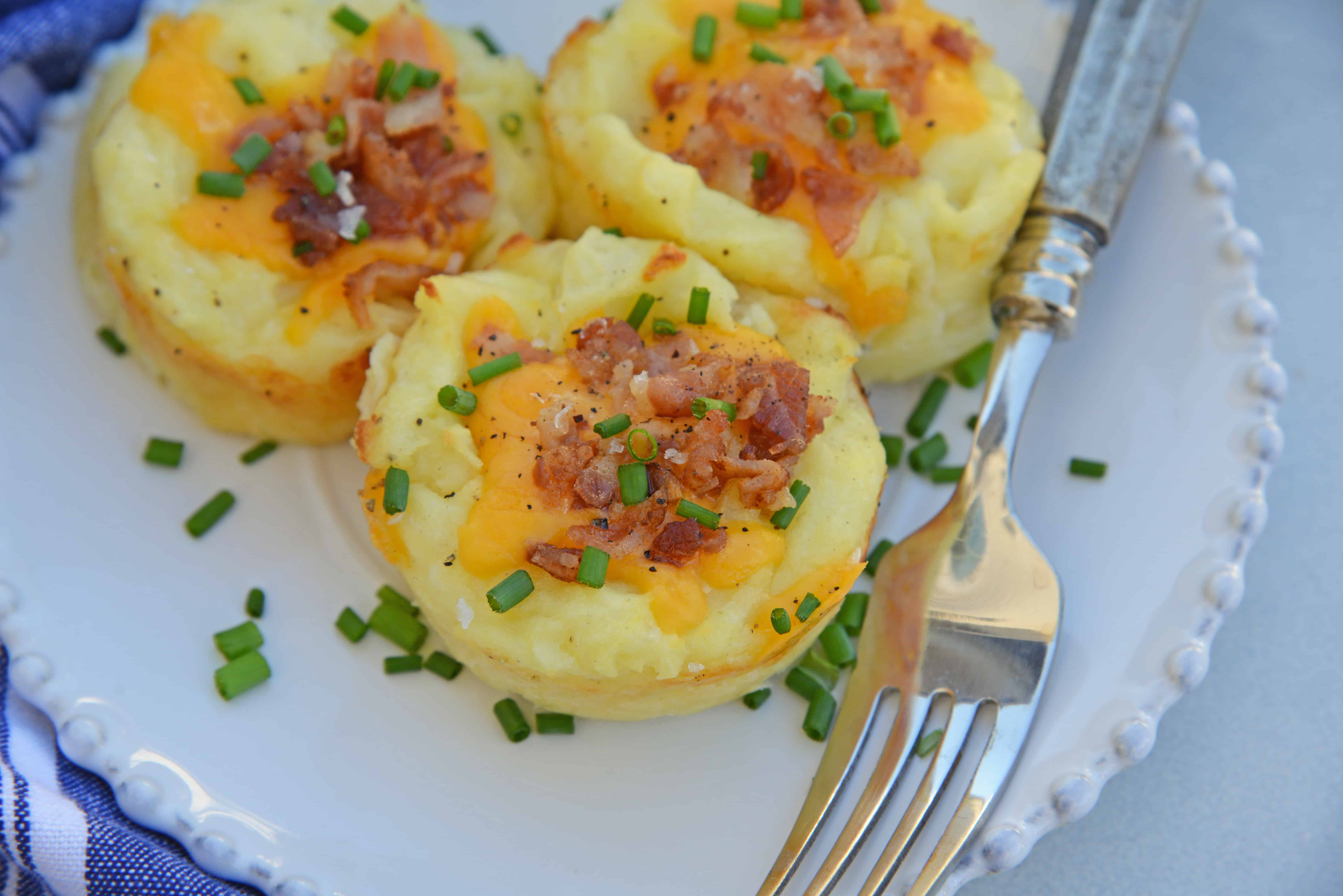 Loaded Mashed Potato Cups are the best way to use leftover mashed potatoes. Mixed with cheese, eggs and a few other ingredients, you load them into a muffin tin and poof, you've got finger food mashed potatoes! #mashedpotatoes #mashedpotatocups www.savoryexperiments.com