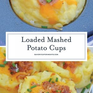 Loaded Mashed Potato Cups are the best way to use leftover mashed potatoes. Mixed with cheese, eggs and a few other ingredients, you load them into a muffin tin and poof, you've got finger food mashed potatoes! #mashedpotatoes #mashedpotatocups www.savoryexperiments.com