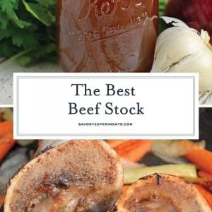 The Best Beef Stock recipe made with herbs and vegetables. Freezer friendly and full of flavor, you'll never buy store bought again! #beefbroth #beefstock #howtomakestock www.savoryexperiments.com