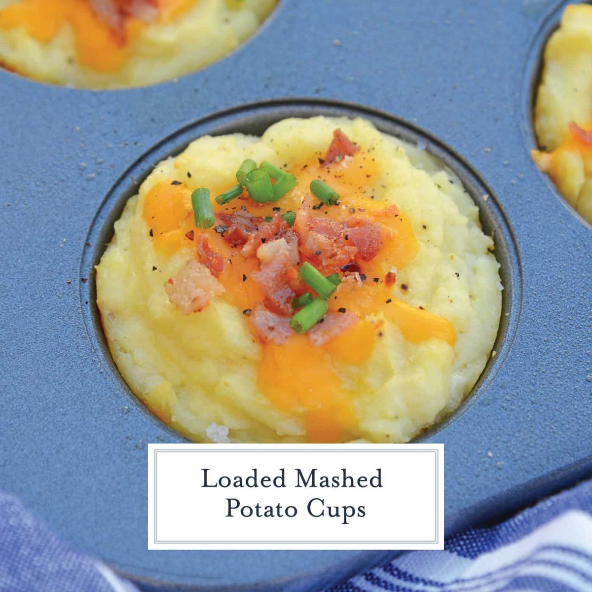 Loaded Mashed Potato Cups are the best way to use leftover mashed potatoes. Mixed with cheese, eggs and a few other ingredients, you load them into a muffin tin and poof, you've got finger food mashed potatoes! #mashedpotatoes #mashedpotatocups www.savoryexperiments.com