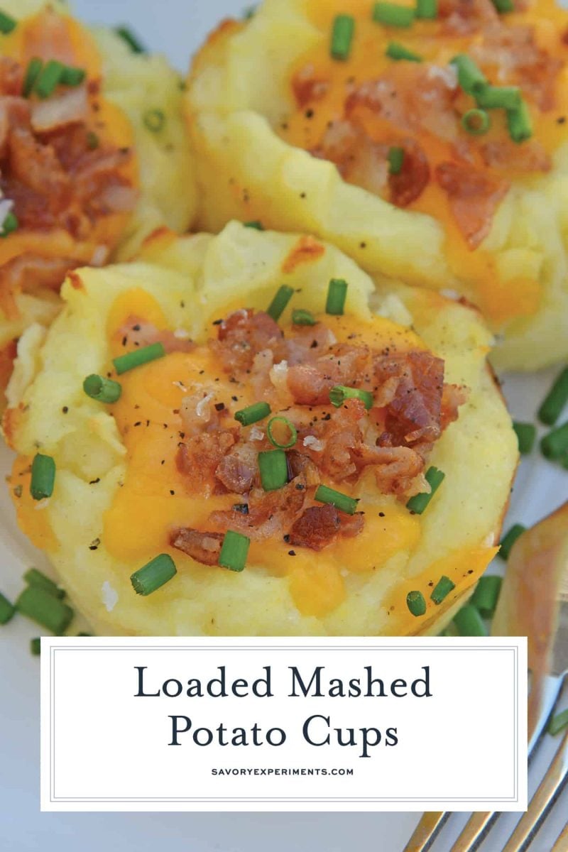 Loaded Mashed Potato Cups are the best way to use leftover mashed potatoes. Mixed with cheese, eggs and a few other ingredients, you load them into a muffin tin and poof, you've got finger food mashed potatoes! #mashedpotatoes #mashedpotatocups www.savoryexperiments.com