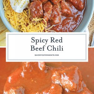 Red Beef Chili uses chunks of steak and simmers them to tender perfection in a chili tomato sauce. Serve over rice, noodles or as a stew. #bestchilirecipe #bobbyflay #redbeefchili www.savoryexperiments.com