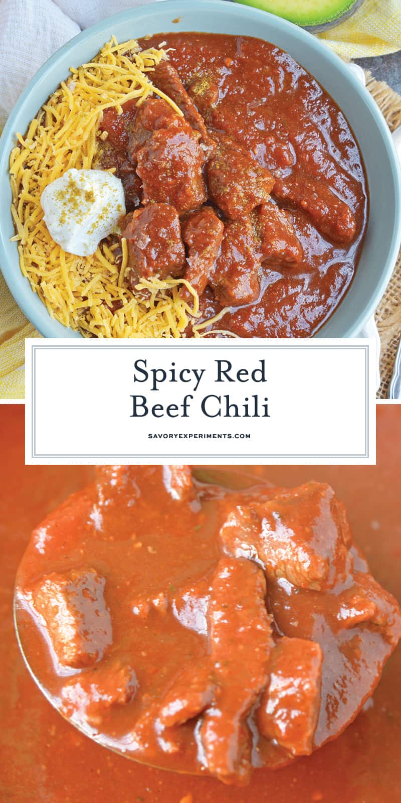 Red Beef Chili uses chunks of steak and simmers them to tender perfection in a chili tomato sauce. Serve over rice, noodles or as a stew. #bestchilirecipe #bobbyflay #redbeefchili www.savoryexperiments.com