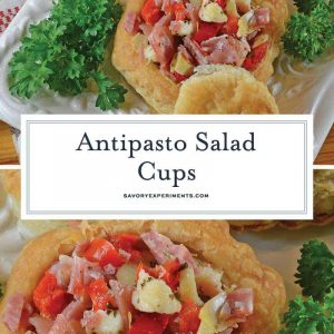 Antipasto Salad Cups are made of chopped salami, prosciutto, sopressata, mozzarella cheese, peppadews and artichokes. The best way to eat salad with your fingers! #nocookappetizers #antipastosalad www.savoryexperiments.com