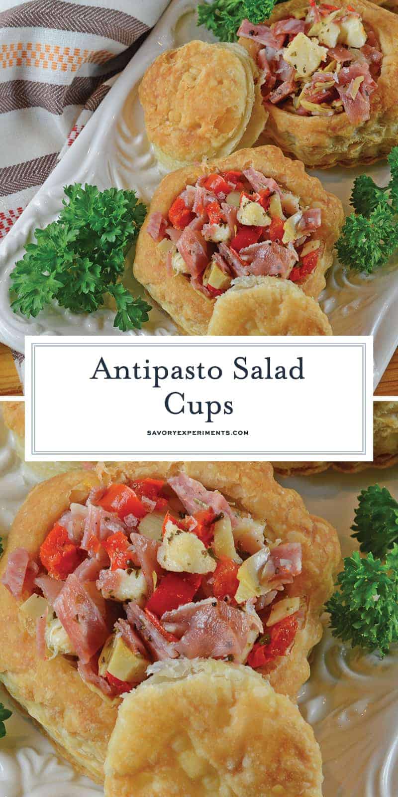 Antipasto Salad Cups are made of chopped salami, prosciutto, sopressata, mozzarella cheese, peppadews and artichokes. The best way to eat salad with your fingers! #nocookappetizers #antipastosalad www.savoryexperiments.com