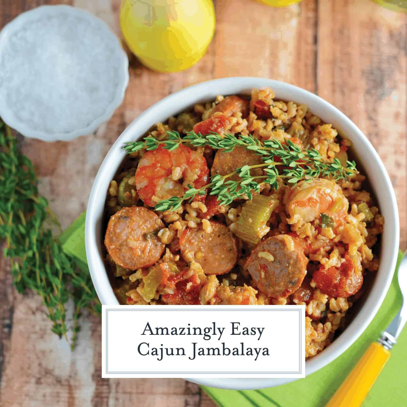 This Cajun Jambalaya is a mouthwatering recipe that can be ready in less than an hour. Andouille turkey sausage and shrimp give this recipe so much flavor! #cajunjambalaya #healthyjambalaya #easyjambalaya www.savoryexperiments.com 
