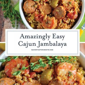 This Cajun Jambalaya is a mouthwatering recipe that can be ready in less than an hour. Andouille turkey sausage and shrimp give this recipe so much flavor! #cajunjambalaya #healthyjambalaya #easyjambalaya www.savoryexperiments.com