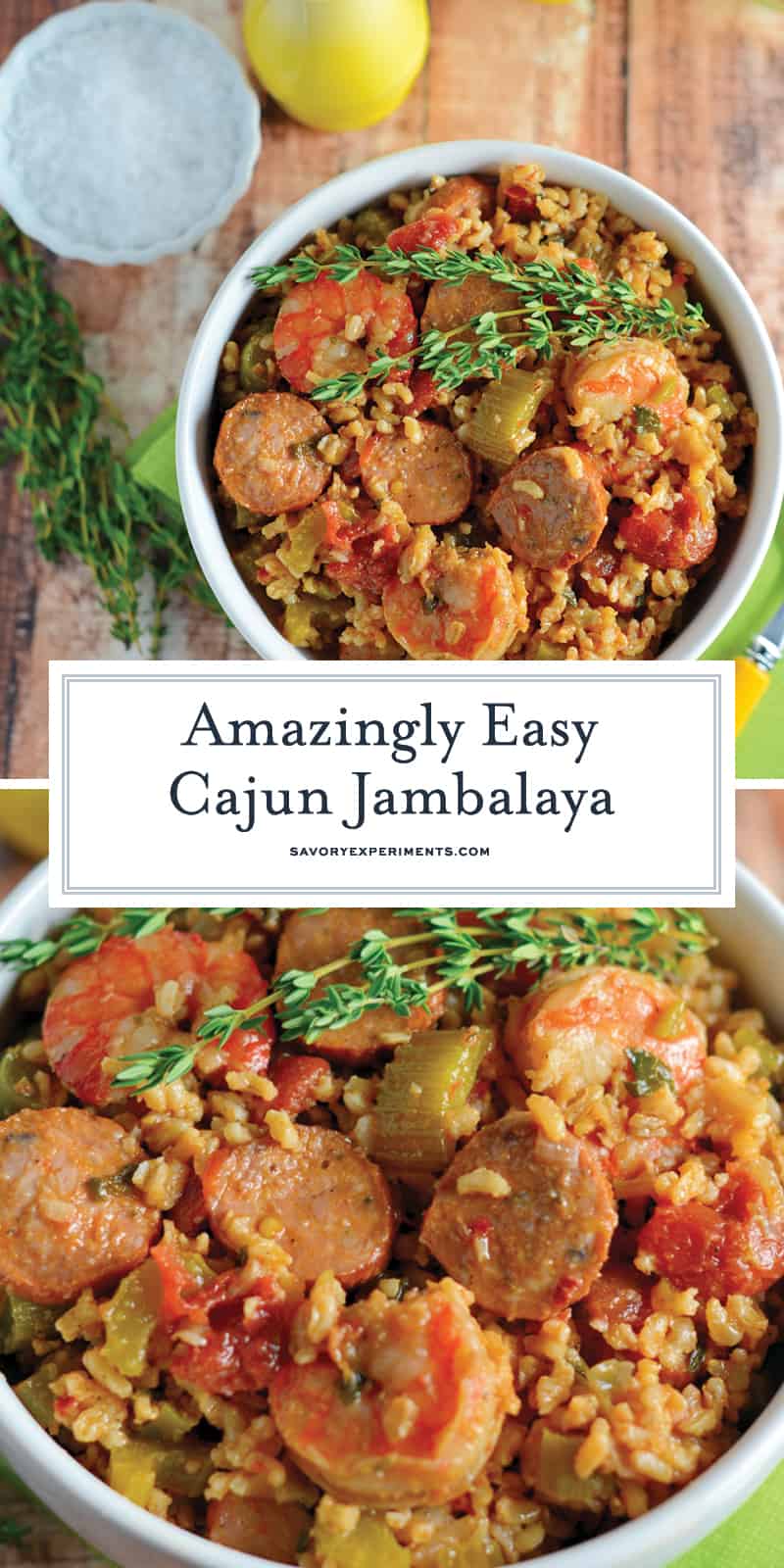 This Cajun Jambalaya is a mouthwatering recipe that can be ready in less than an hour. Andouille turkey sausage and shrimp give this recipe so much flavor! #cajunjambalaya #healthyjambalaya #easyjambalaya www.savoryexperiments.com 