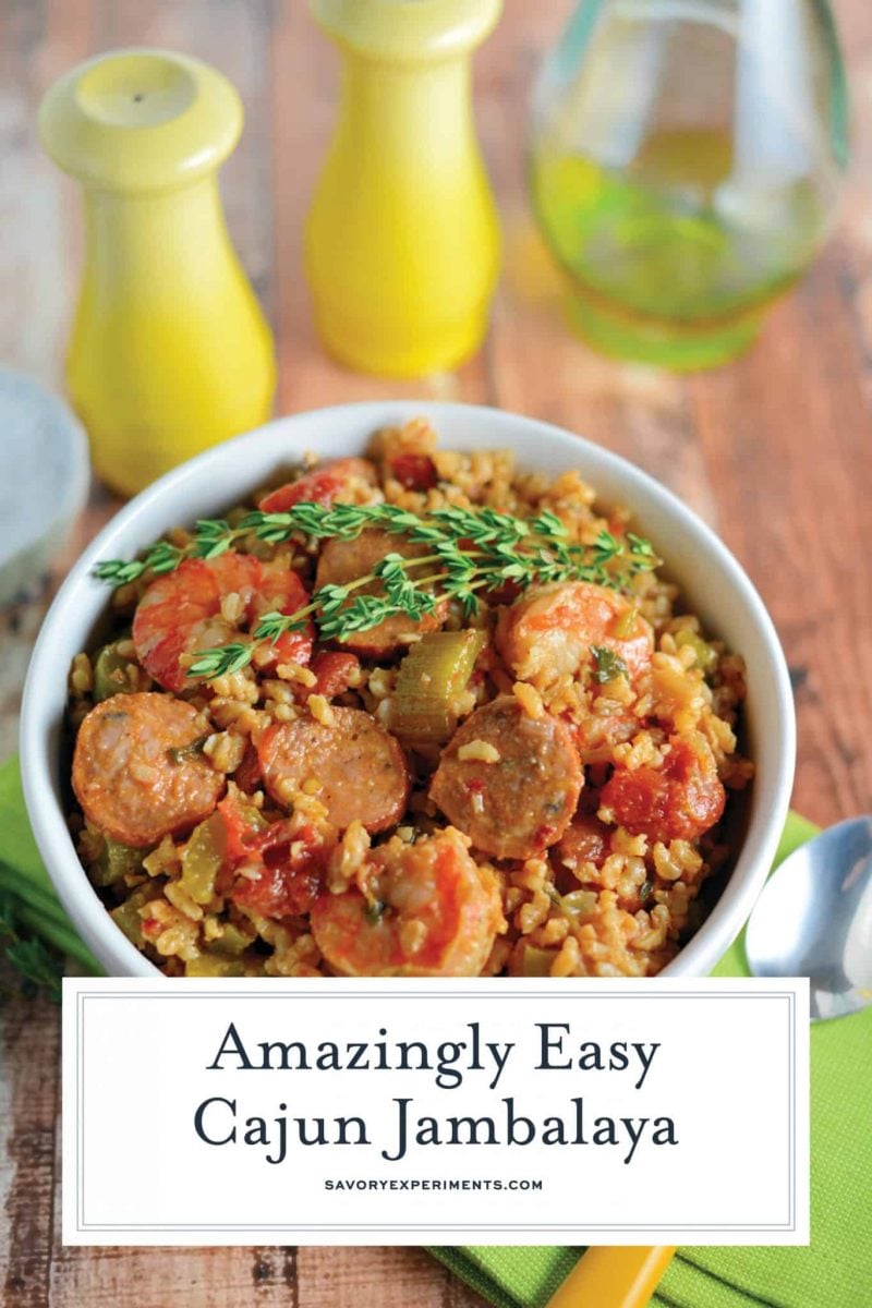 bowl of jambalaya with fresh thyme 