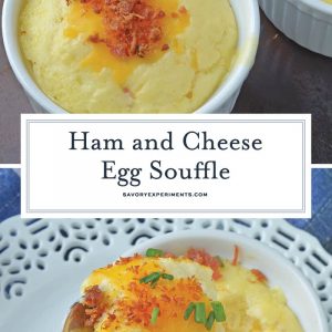 This Ham and Cheese Egg Soufflé recipe is perfect for breakfast or brunch, and great for a crowd! Made up of eggs, ham, cheddar cheese, bacon, and chives! #eggsoufflé #cheesesoufflé #soufflérecipe www.savoryexperiments.com