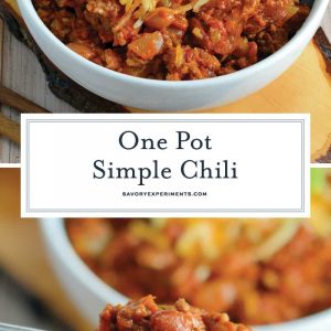 This Simple Chili only takes 30 minutes to throw together and will leave you wanting more. Lean beef, a blend of beans and spices, plus tomatoes and peppers make this packed with healthy ingredients. #simplechili #homemadechili #easychilirecipe www.savoryexperiments.com