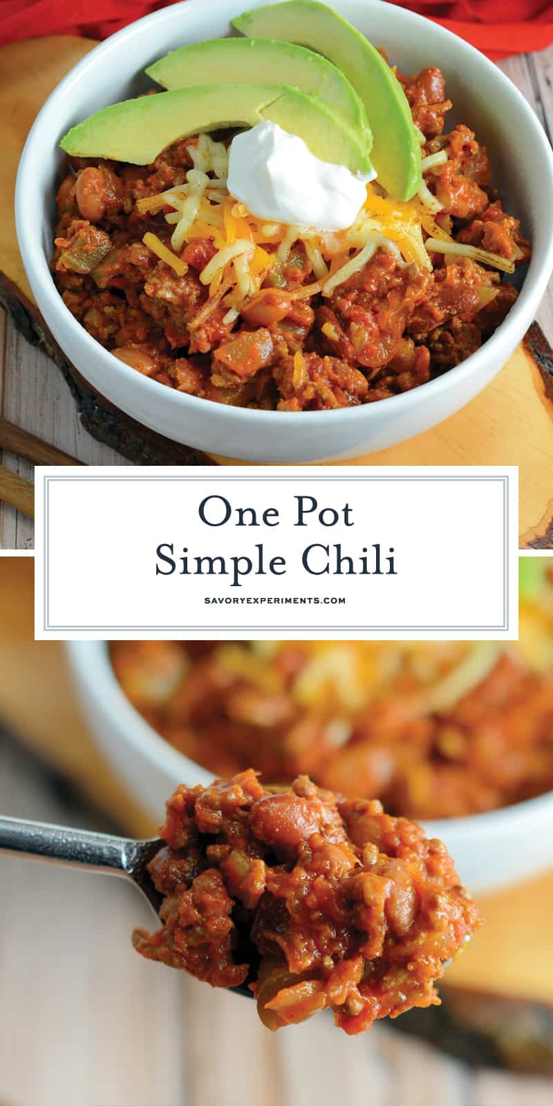 This Simple Chili only takes 30 minutes to throw together and will leave you wanting more. Lean beef, a blend of beans and spices, plus tomatoes and peppers make this packed with healthy ingredients. #simplechili #homemadechili #easychilirecipe www.savoryexperiments.com