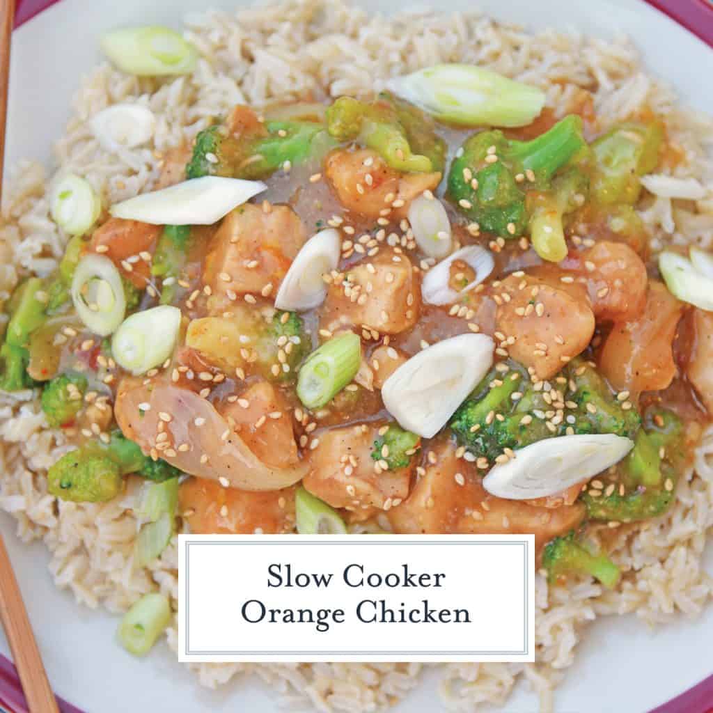 This Slow Cooker Orange Chicken Recipe creates a healthier version of the Chinese delivery dish right at home in your slow cooker! #orangechickenrecipe #crockpotorangechicken www.savoryexperiments.com