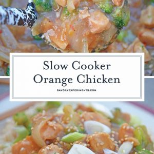 This Slow Cooker Orange Chicken Recipe creates a healthier version of the Chinese delivery dish right at home in your slow cooker! #orangechickenrecipe #crockpotorangechicken www.savoryexperiments.com