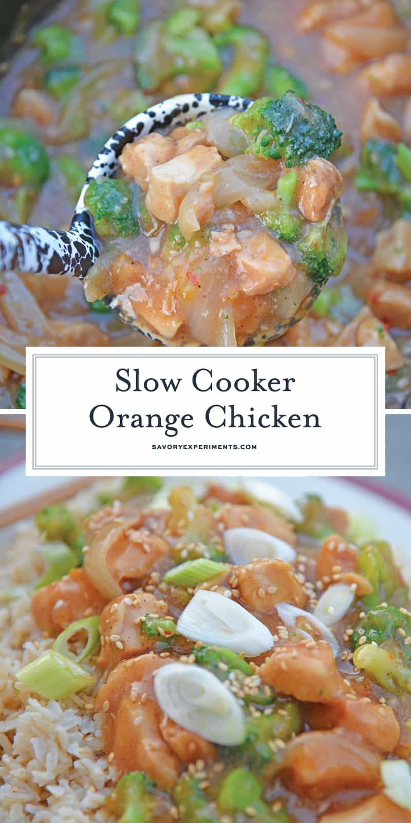 This Slow Cooker Orange Chicken Recipe creates a healthier version of the Chinese delivery dish right at home in your slow cooker! #orangechickenrecipe #crockpotorangechicken www.savoryexperiments.com