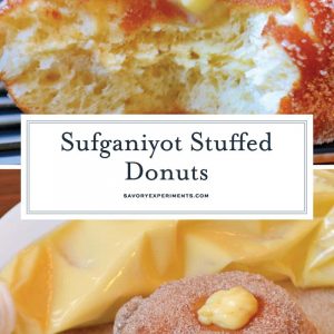 Sufganiyot Stuffed Donuts let you prepare warm & fresh strawberry jelly & vanilla custard stuffed donuts at home! Light & fluffy dough with a hint of sugar! #donutrecipe #stuffeddonuts #easysufganiyotrecipe www.savoryexperiments.com