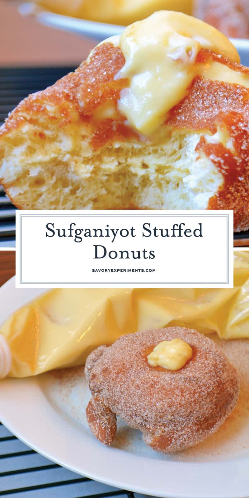 Sufganiyot Stuffed Donuts let you prepare warm & fresh strawberry jelly & vanilla custard stuffed donuts at home! Light & fluffy dough with a hint of sugar! #donutrecipe #stuffeddonuts #easysufganiyotrecipe www.savoryexperiments.com