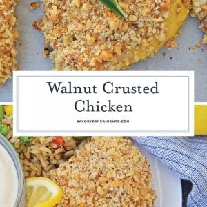 Walnut Crusted Chicken is a deliciously healthy, crunchy chicken with a cool dipping sauce! Made with chopped walnuts, panko bread crumbs, and fresh rosemary! #walnutcrustedchicken #rosemarychicken www.savoryexperiments.com