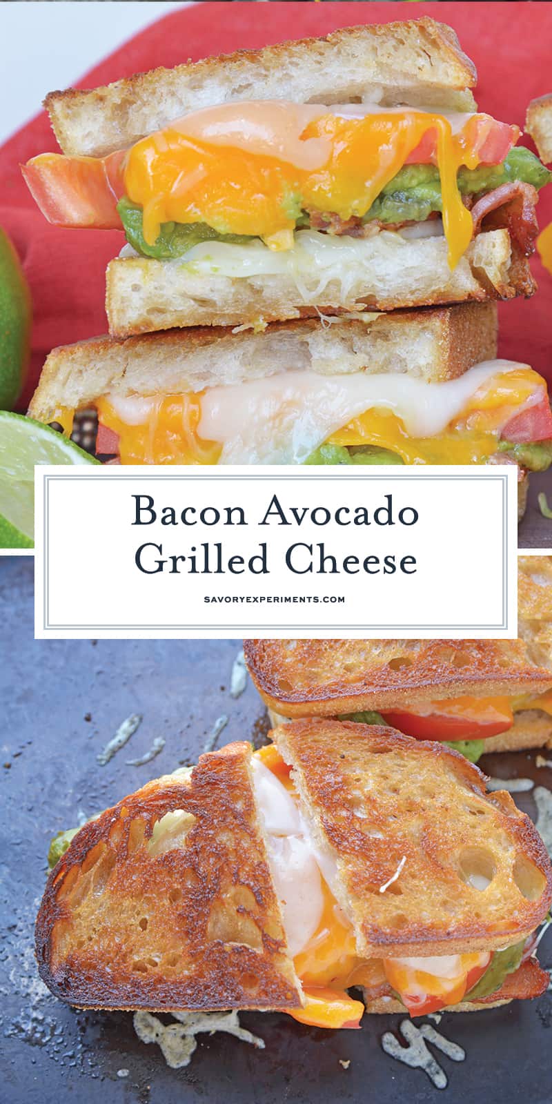 Bacon Avocado Grilled Cheese Sandwiches are made from a three cheese blend along with zesty guacamole, lime, and bacon, for out of this world sandwich experience! #howtomakegrilledcheese #gourmetgrilledcheese #avocadogrilledcheese www.savoryexperiments.com