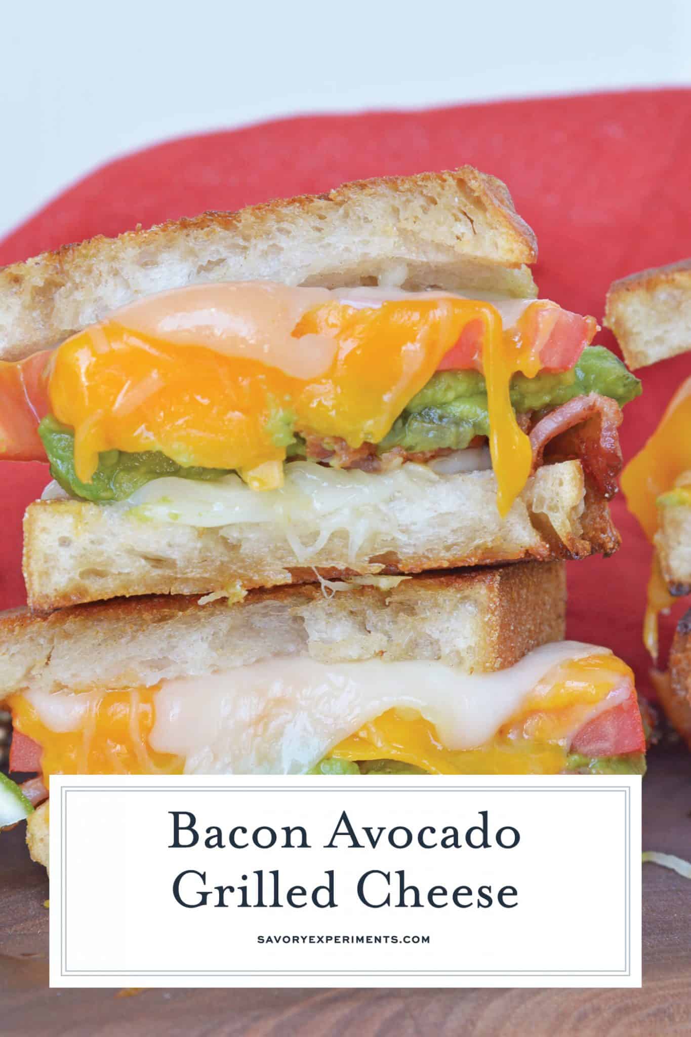 Bacon Avocado Grilled Cheese Sandwiches are made from a three cheese blend along with zesty guacamole, lime, and bacon, for out of this world sandwich experience! #howtomakegrilledcheese #gourmetgrilledcheese #avocadogrilledcheese www.savoryexperiments.com