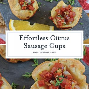 Citrus Sausage Cups are an easy appetizer using smoky andouille sausage, orange zest, sweet onion and fresh thyme in a puff pastry cup. #puffpastryappetizers #puffpastrycups www.savoryexperiments.com