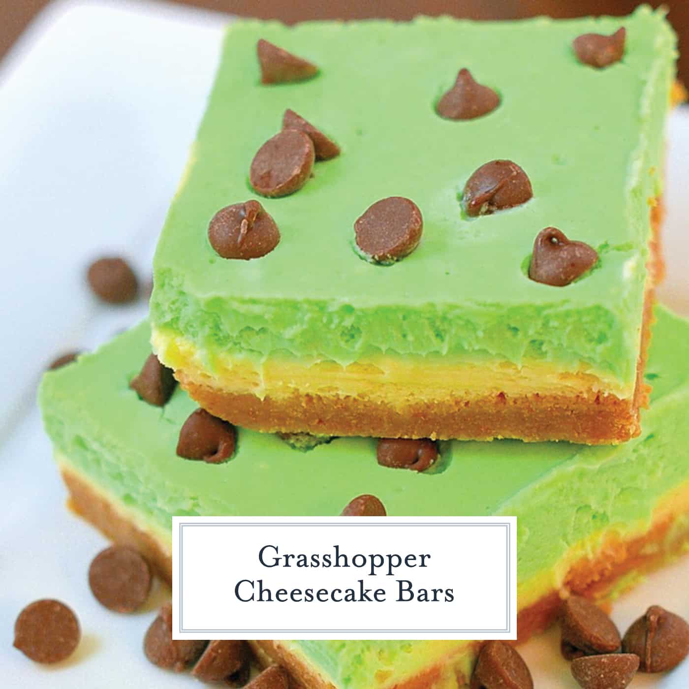 Grasshopper Cheesecake Bars are the perfect St Patrick's day dessert. Green and minty, they are easy to make and delicious to eat! #cheesecakebars #cheesecakebarsrecipe www.savoryexperiments.com