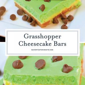 Grasshopper Cheesecake Bars are the perfect St Patrick's day dessert. Green and minty, they are easy to make and delicious to eat! #cheesecakebars #cheesecakebarsrecipe www.savoryexperiments.com