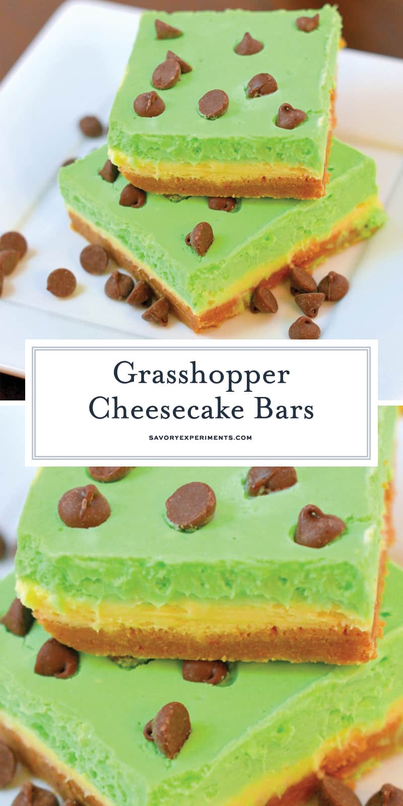 Grasshopper Cheesecake Bars are the perfect St Patrick's day dessert. Green and minty, they are easy to make and delicious to eat! #cheesecakebars #cheesecakebarsrecipe www.savoryexperiments.com